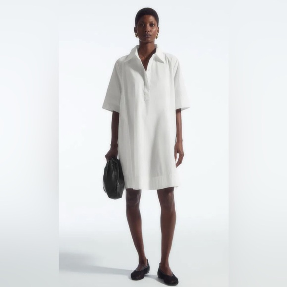 COS Dresses & Skirts - COS A-Line Mini Shirt Dress Women M White Minimalist 1/4 Button Up Cotton Summer